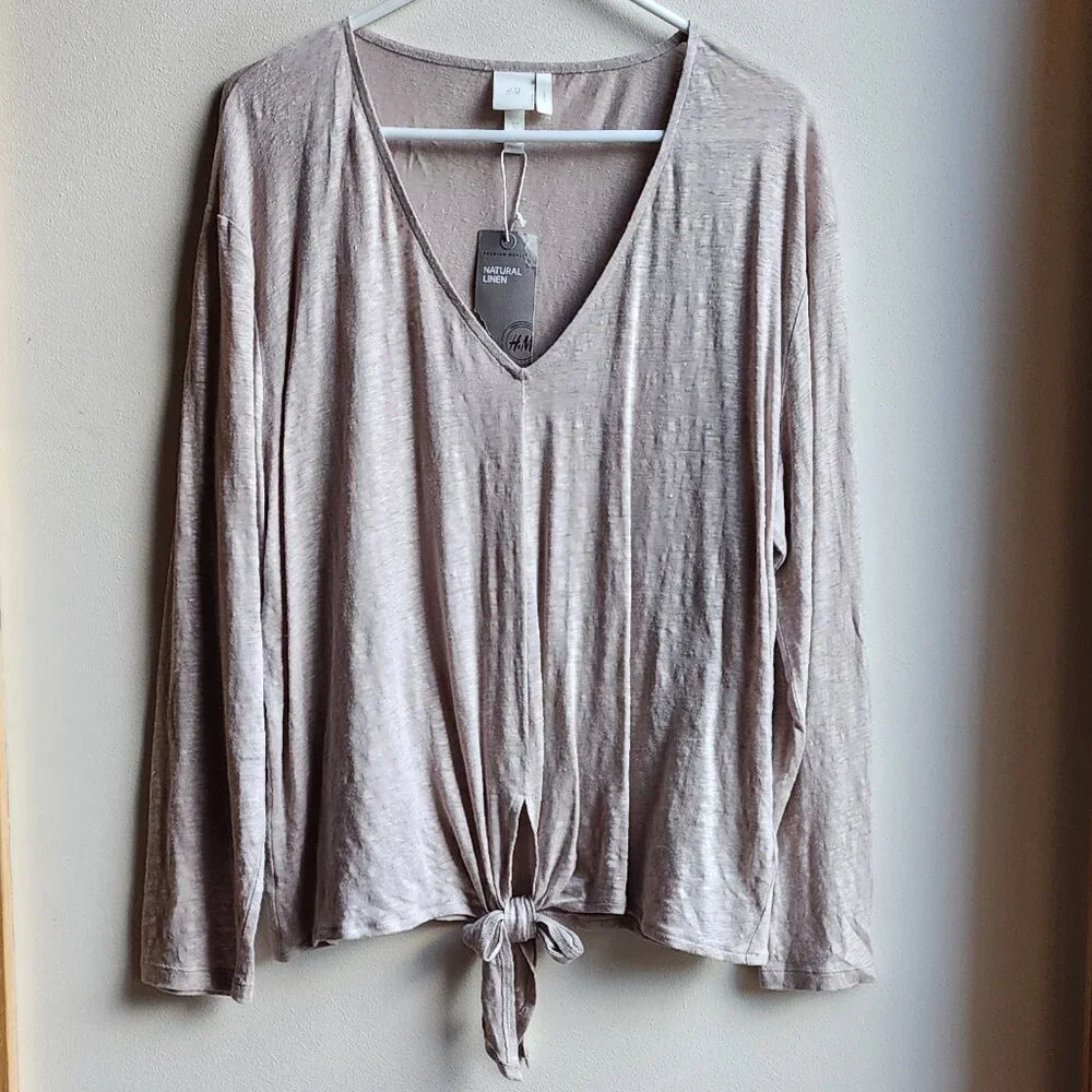 NWT H&M Natural 100% Linen V-Neck Tie-Front Jersey Size XL